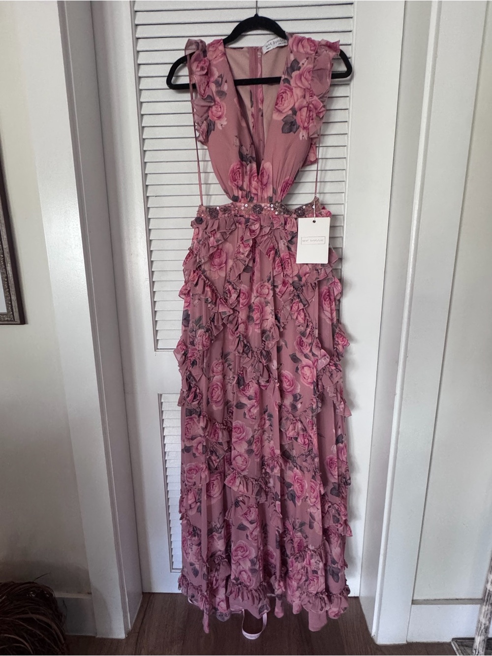 Mac Duggal Dusty Rose Floral Ruffle Maxi Dress